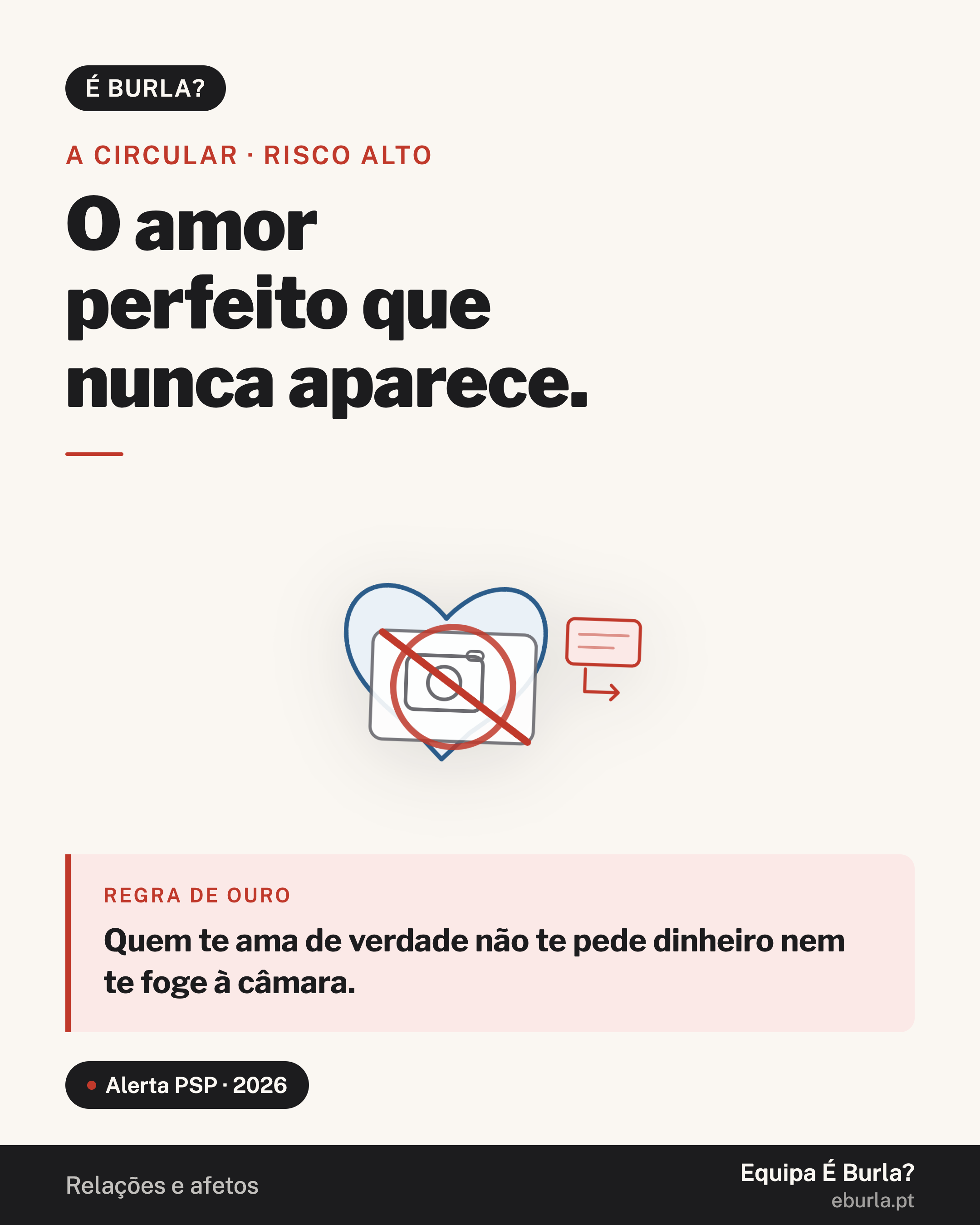 Cartão É Burla?: conheceste alguém online que parece o amor da tua vida mas nunca apareceu em vídeo e pede dinheiro. A circular, risco alto. Regra de ouro: quem te ama de verdade não te pede dinheiro nem te foge à câmara. Alerta da PSP, 2026.