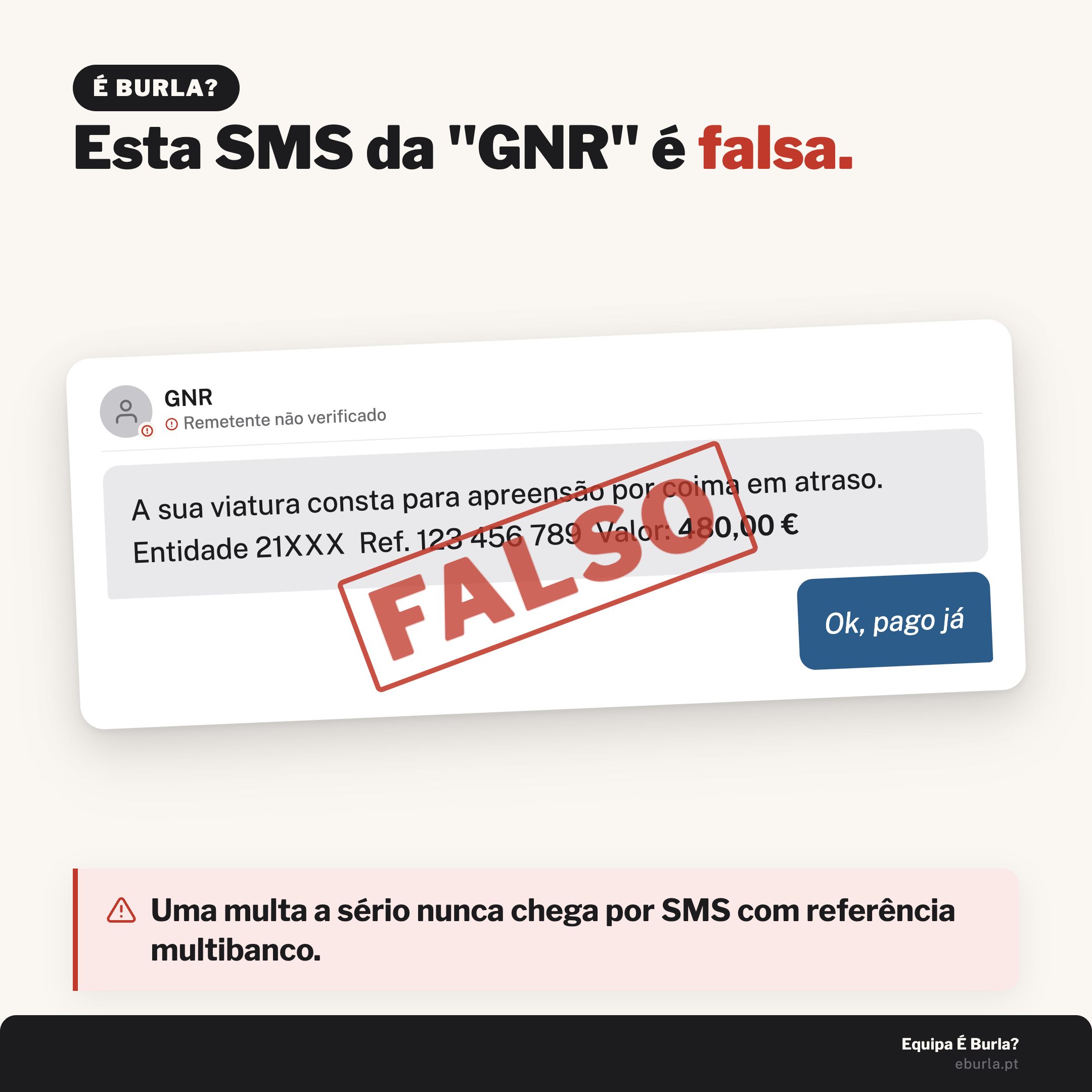 Cartão É Burla?: esta SMS da 'GNR' é falsa. Diz que a viatura vai ser apreendida por uma coima de 480 euros, com um carimbo FALSO por cima. Uma multa a sério nunca chega por SMS com referência multibanco.