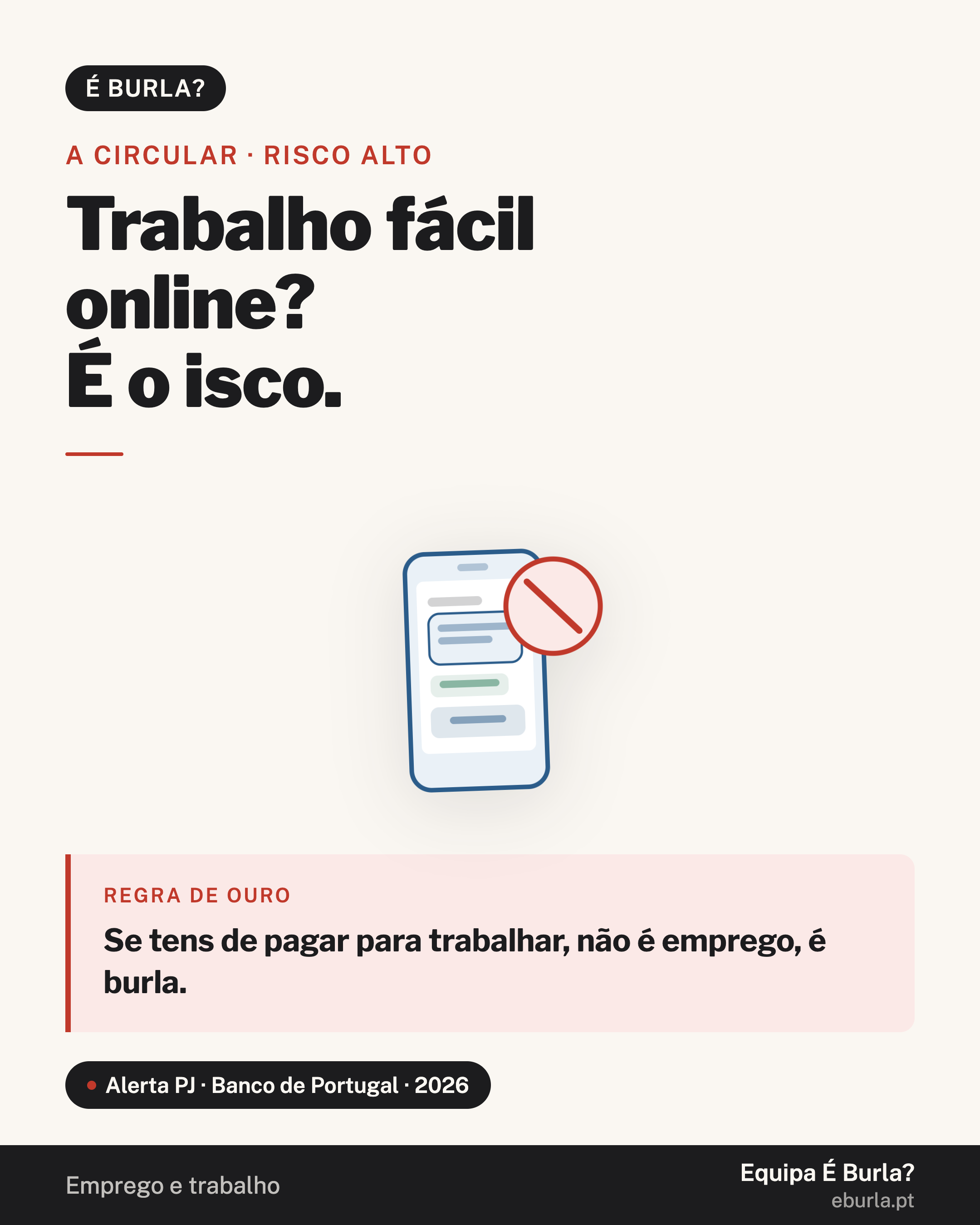 Cartão É Burla?: oferta de trabalho online de tarefas para ganhar dinheiro fácil. A circular, risco alto. Regra de ouro: se tens de pagar para trabalhar, não é emprego, é burla. Alerta da Polícia Judiciária e do Banco de Portugal, 2026.